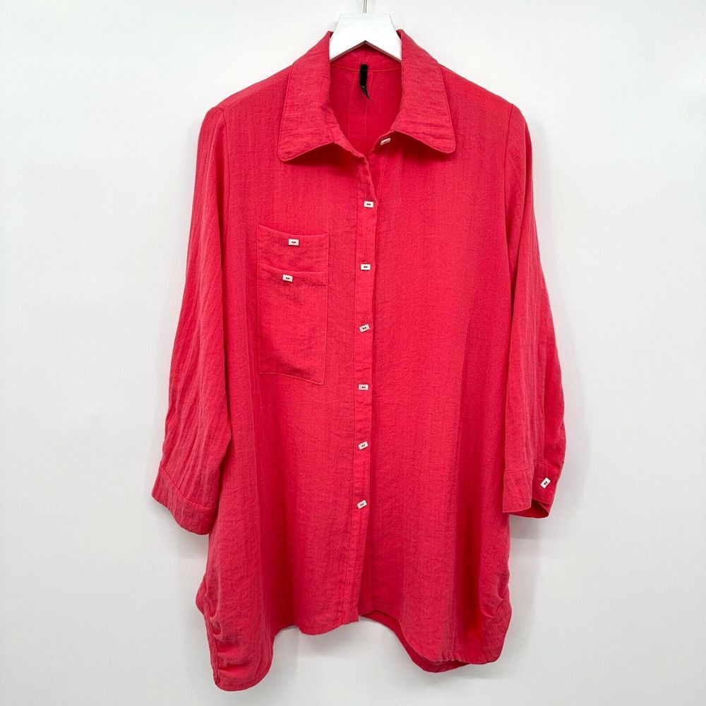 IC by Connie K Tunic Top Shirt‎ Size L XL Coral Button Up Crinkle Texture Blouse